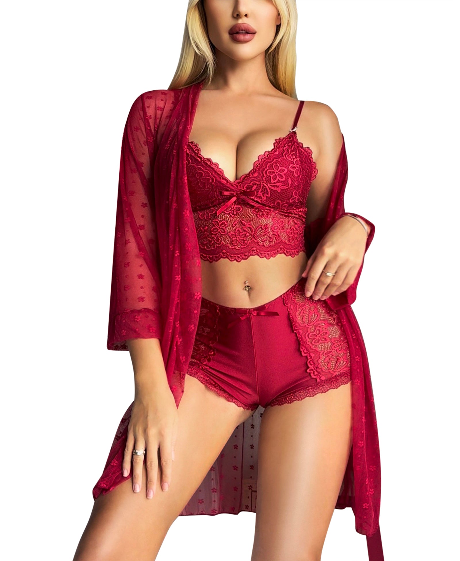 RSLOVE Robe completo lingerie 3 pezzi nero con kimono in rete