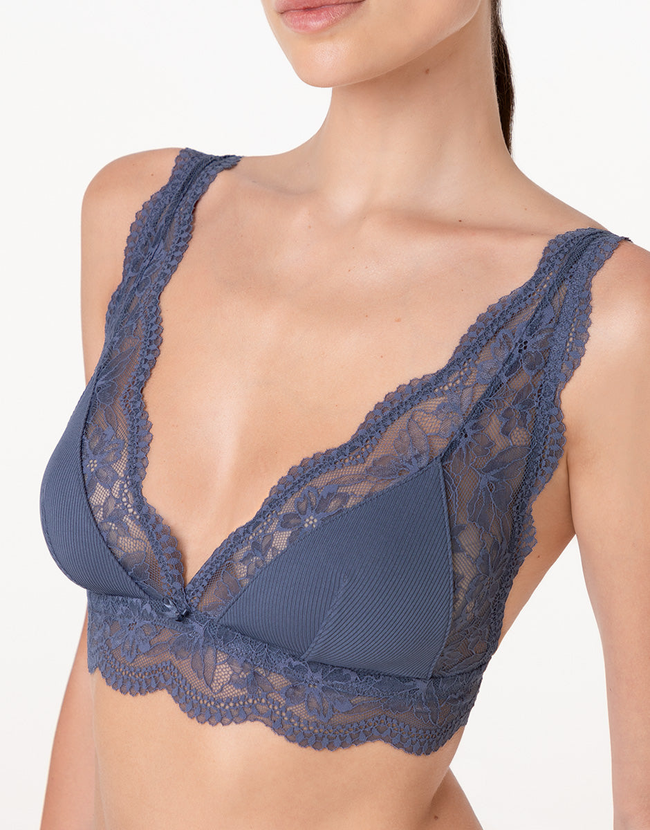Lovable Garden Flowers Lace Casual Rib Lace Reggiseno triangolo blu polvere