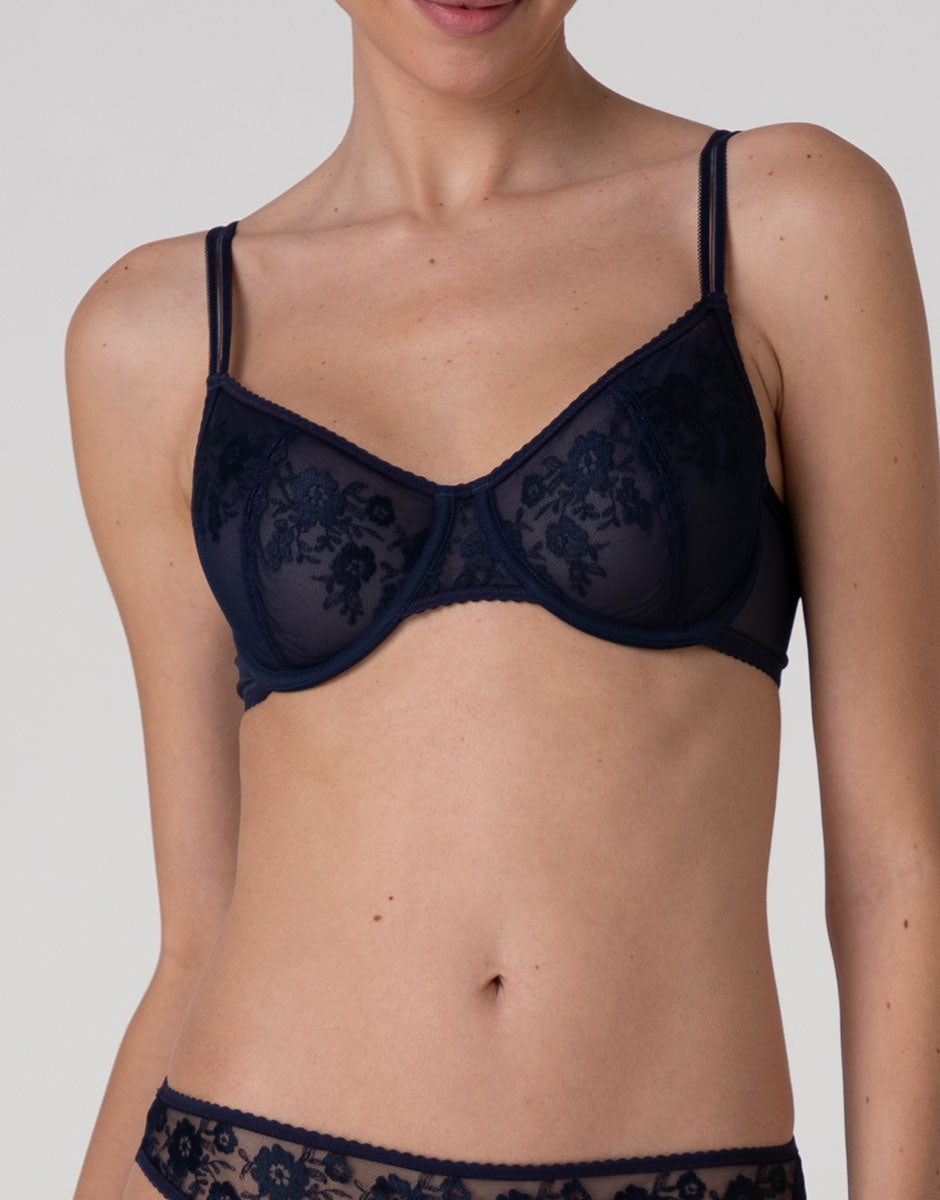Lovable Garden Flowers Lace Elegant Embroidery reggiseno balconcino blu navy ricamato