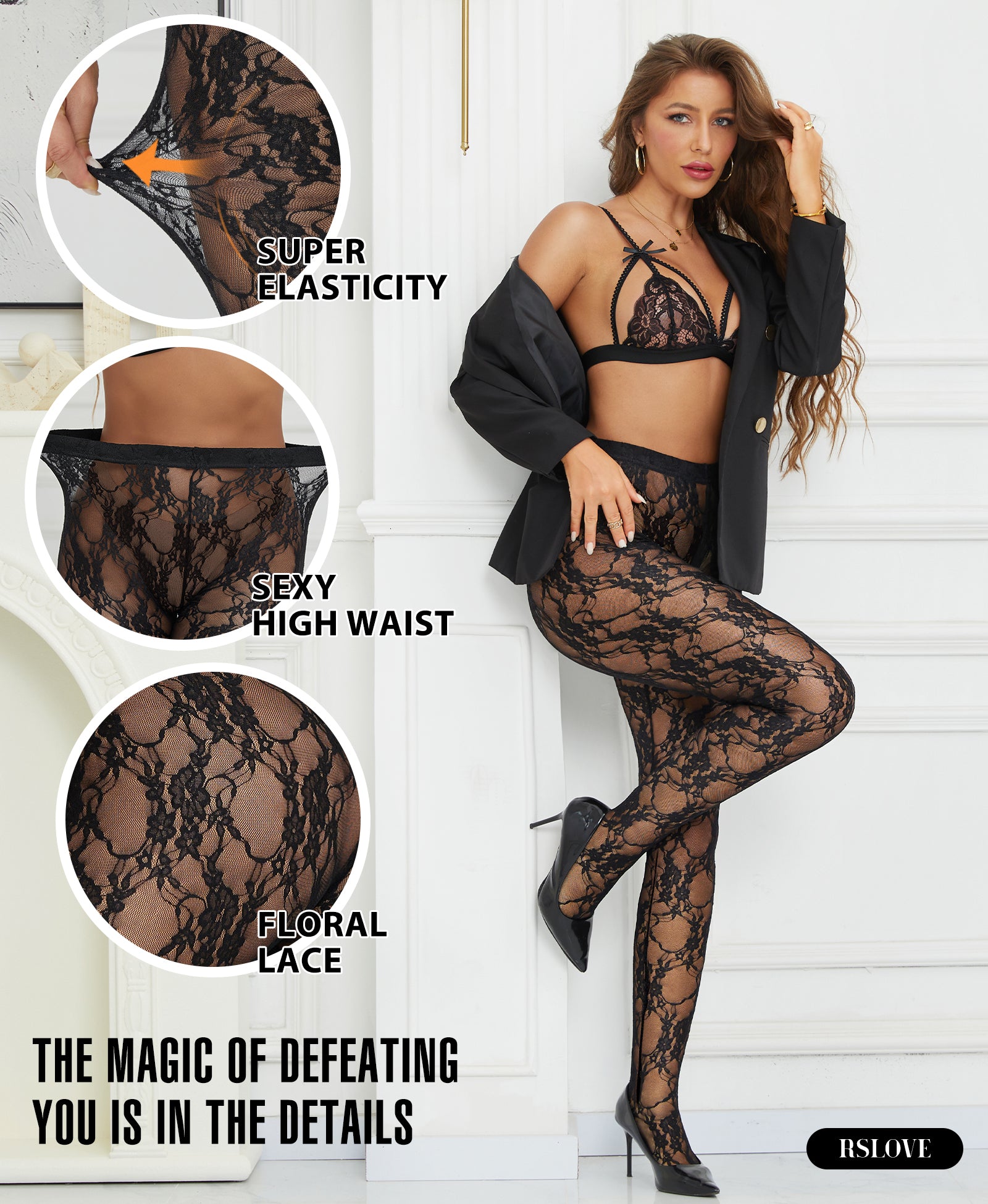 RSLOVE Patterned tights Floral Lace collant neri a vita alta