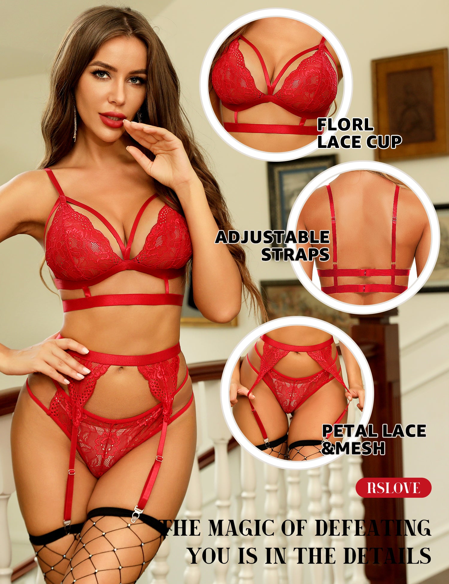 RSLOVE Garter Belt 3 Piece Babydoll pizzo con reggicalze nero