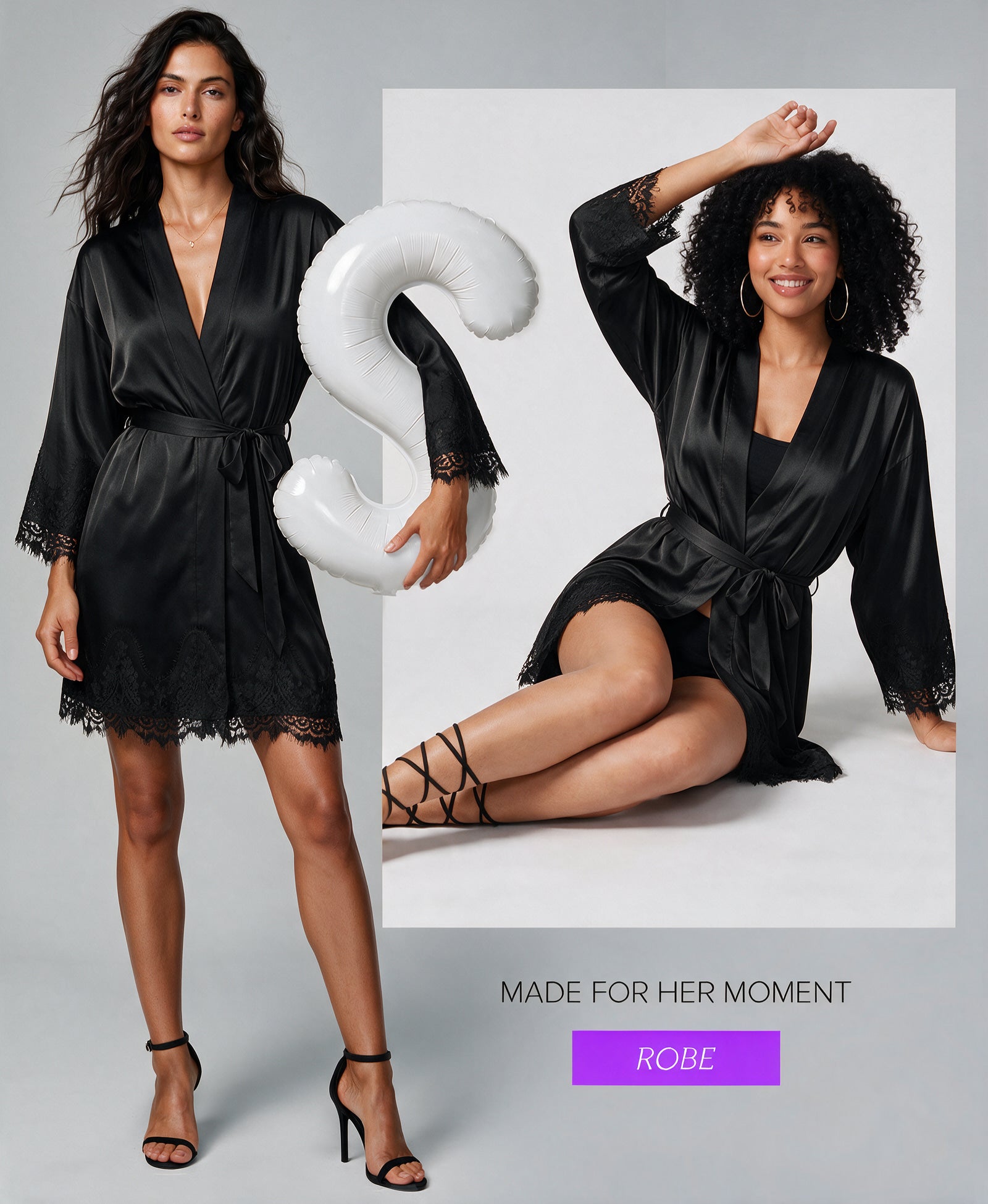 RSLOVE Robe Satin Kimono Robe with Lace Trim & Belt vestaglia raso bianca S