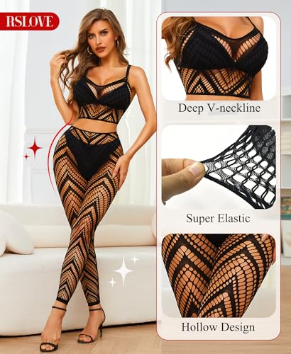 RSLOVE Fishnet Diamond Cut-Out Camisole Top & Leggings rete neri
