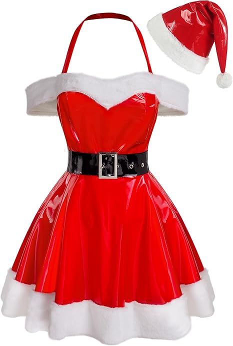 RSLOVE Costumes abito Santa in vinile spalle scoperte rosso taglia S