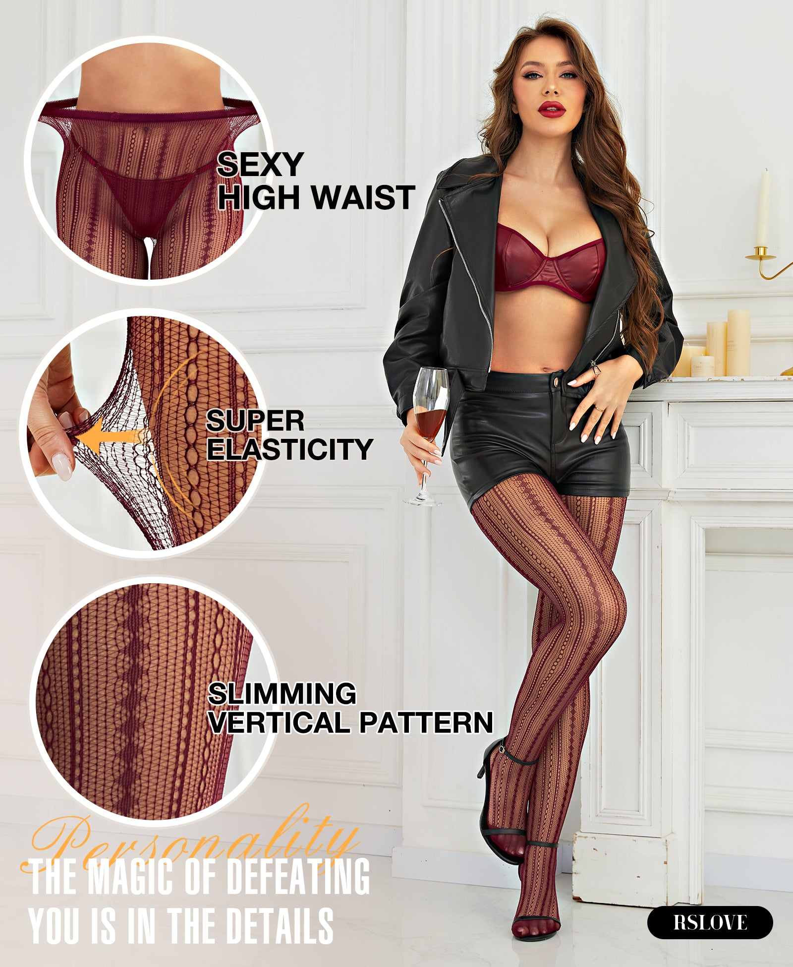 RSLOVE Patterned tights Vintage Fishnet Lace collant a rete nero, taglia unica