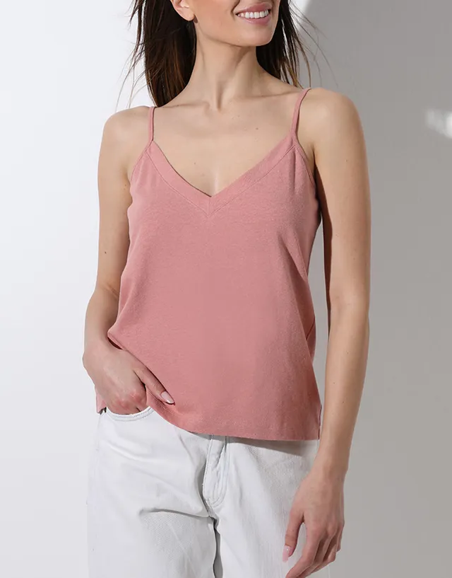 Lovable Basic Soul L0ETP top scollo a V rosa polvere cotone lino