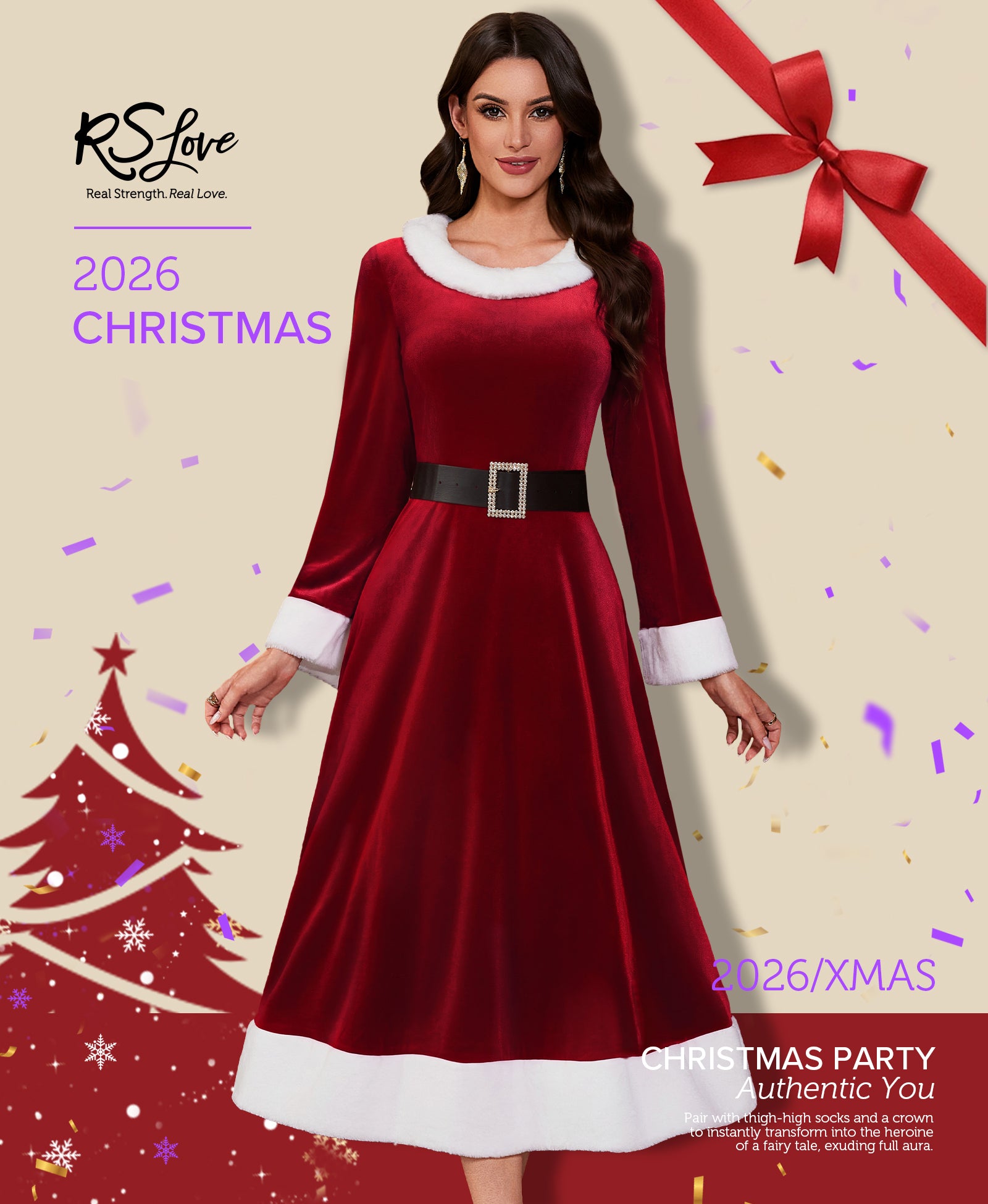 RSLOVE Costumes Mrs Claus Christmas Santa Dress vestito rosso con cintura
