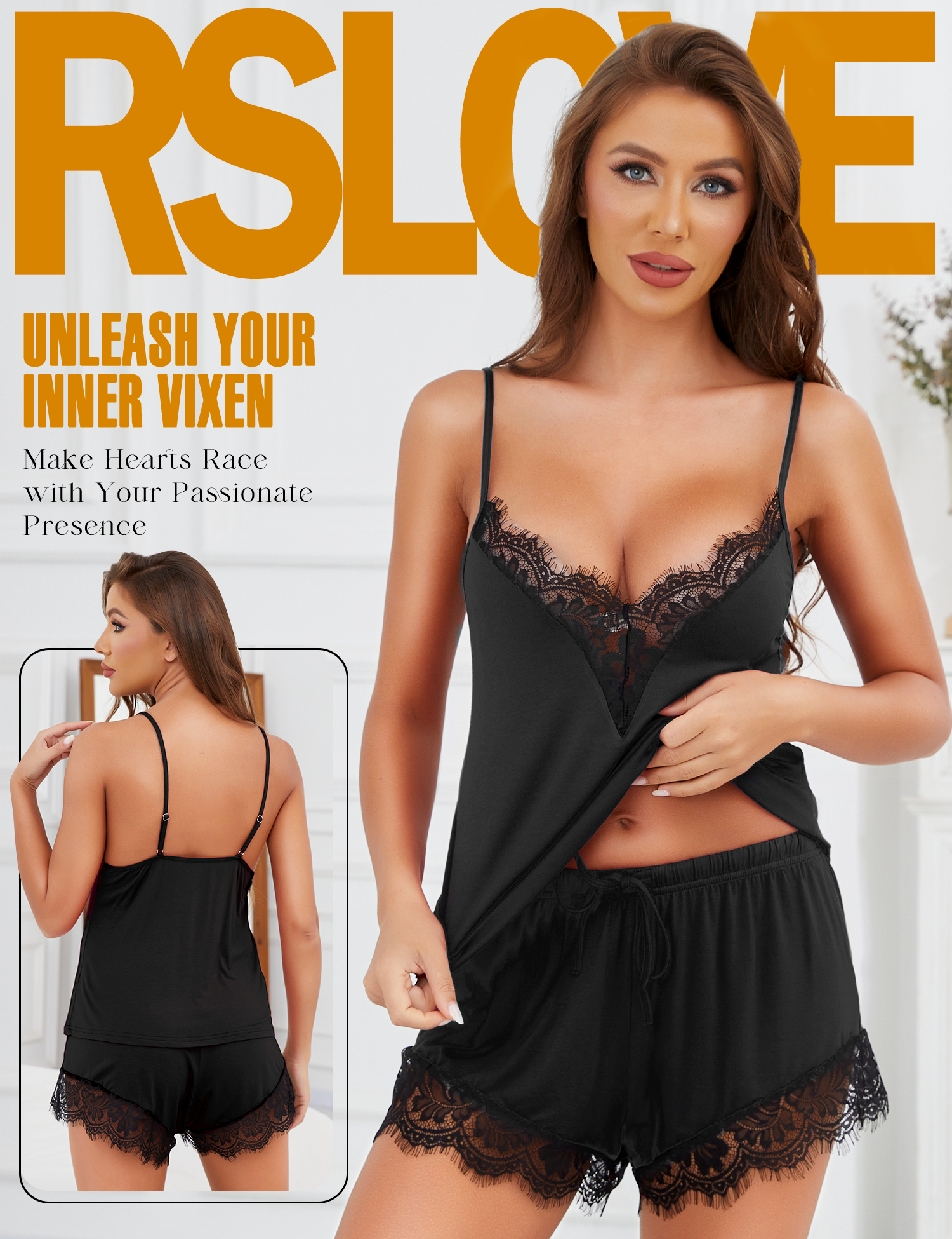 RSLOVE Pajama Set Lace V Neck Soft Pajama Set pigiama nero S in modal