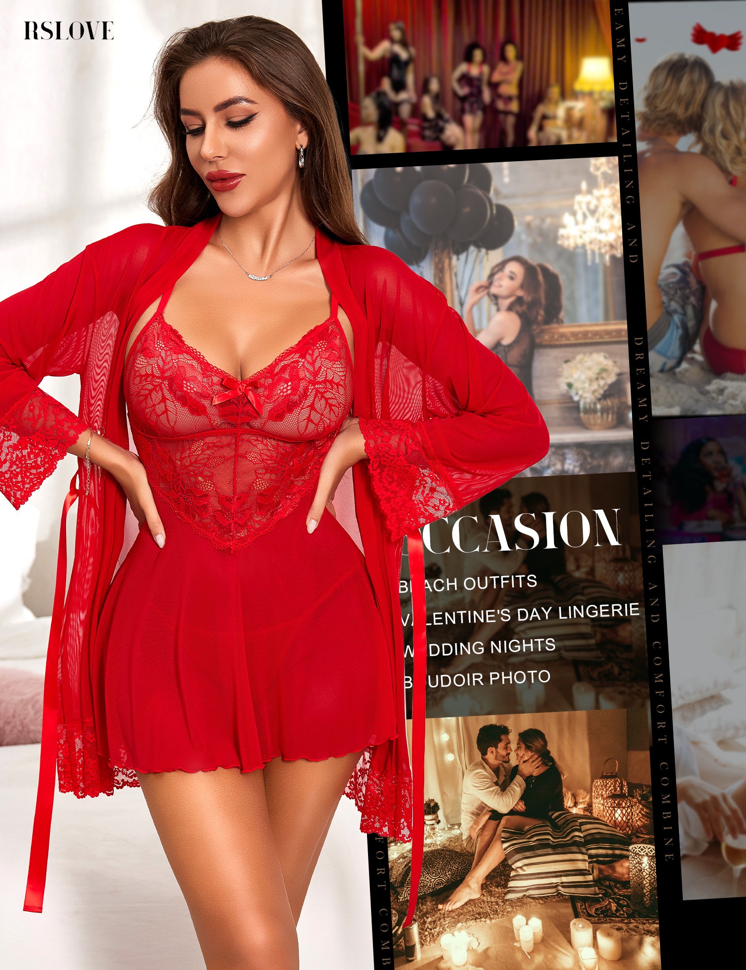 RSLOVE Robe completo lingerie 3 pezzi in mesh e pizzo