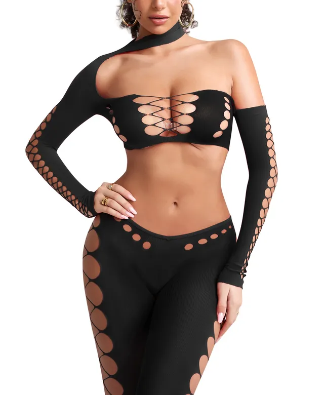RSLOVE Bodystocking Cut Out Fishnet Two Piece Set body in rete nero