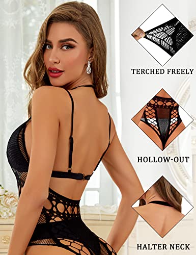 RSLOVE Teddy Backless Lace Mesh Cut-Out Halter Teddy nero 1 pezzo