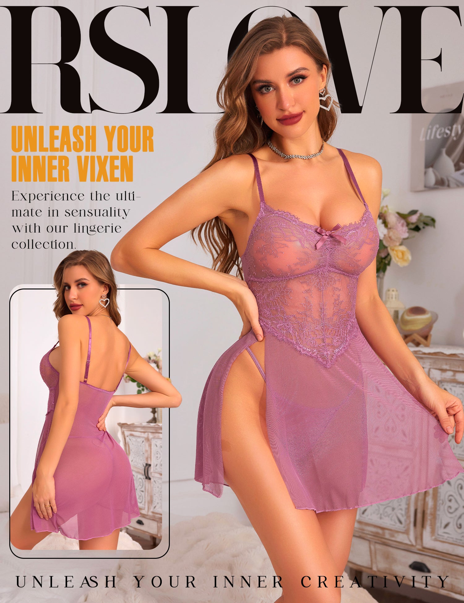 RSLOVE Babydoll Floral Lace nero S-XXL con perizoma