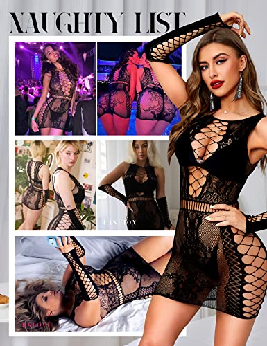 RSLOVE Fishnet Chemise Cut-Out Dress abito lingerie Nero taglia unica con guanti