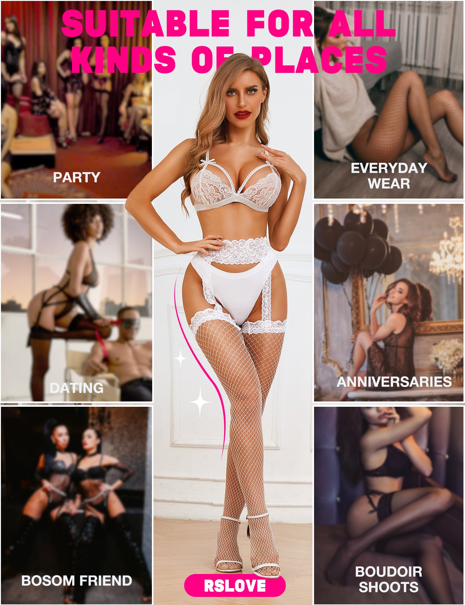 RSLOVE Stocking Lace Top Antiskid Silicone Suspender Fishnet Stockings calze nere rete fine