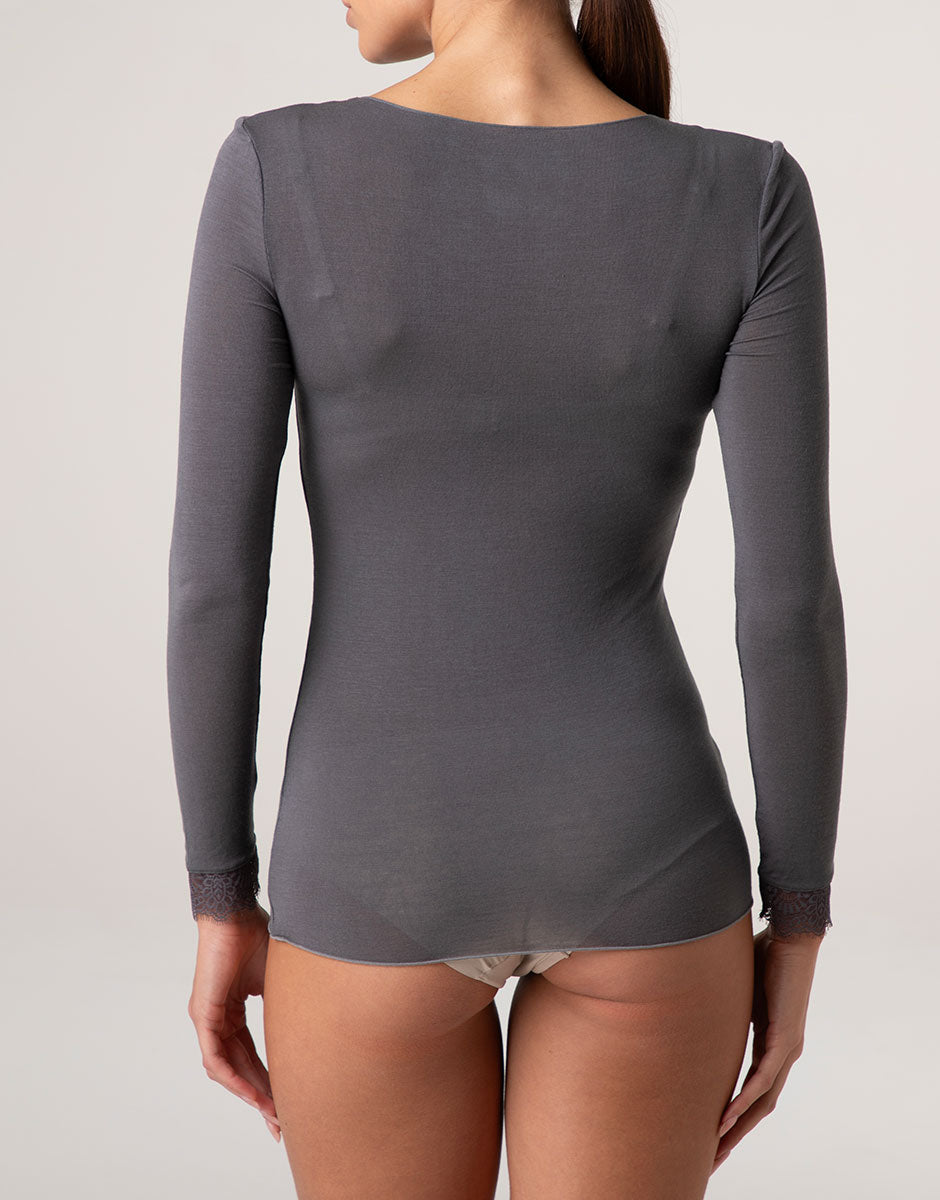 Lovable Invisible Ultralight Maglia manica lunga scollo a V con pizzo modal e cashmere