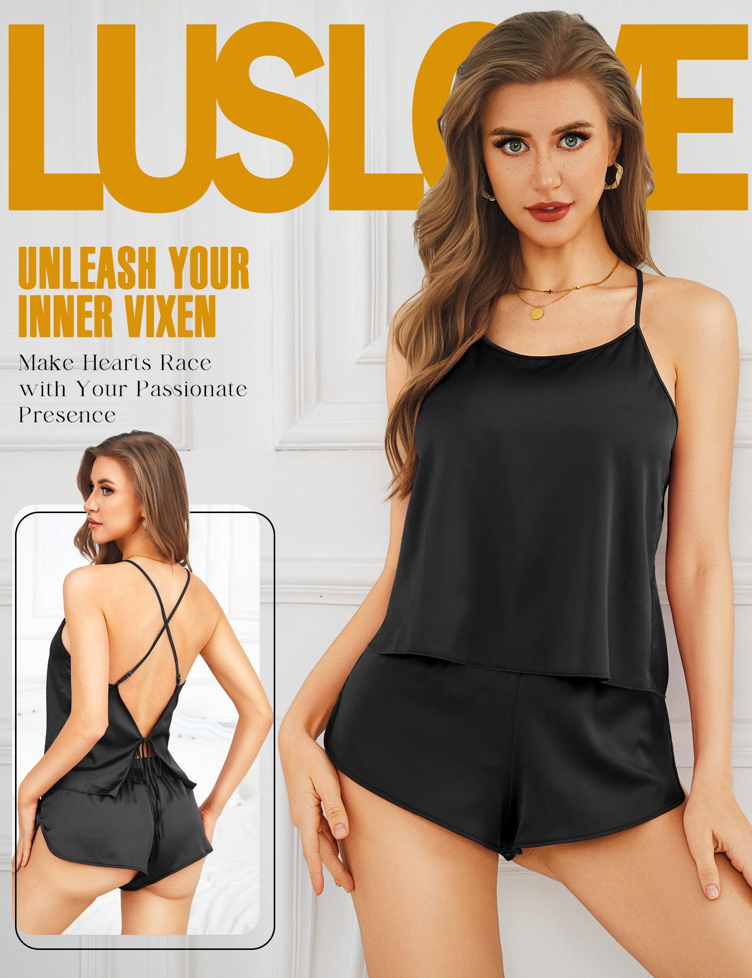 RSLOVE Pajama Set pigiama satin nero con canotta e shorts