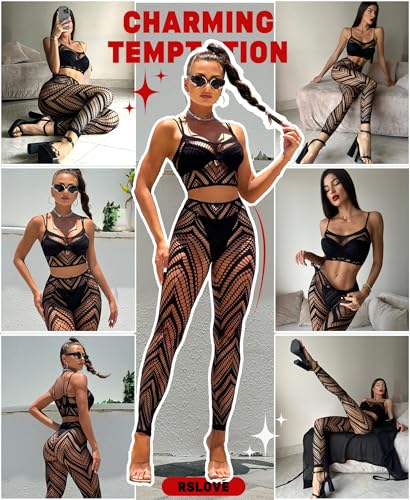 RSLOVE Fishnet Diamond Cut-Out Camisole Top & Leggings rete neri