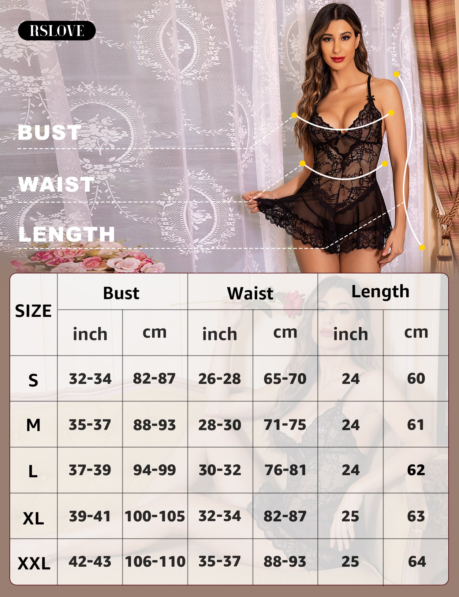 RSLOVE Babydoll Lace Chemise camicia da notte nera in pizzo