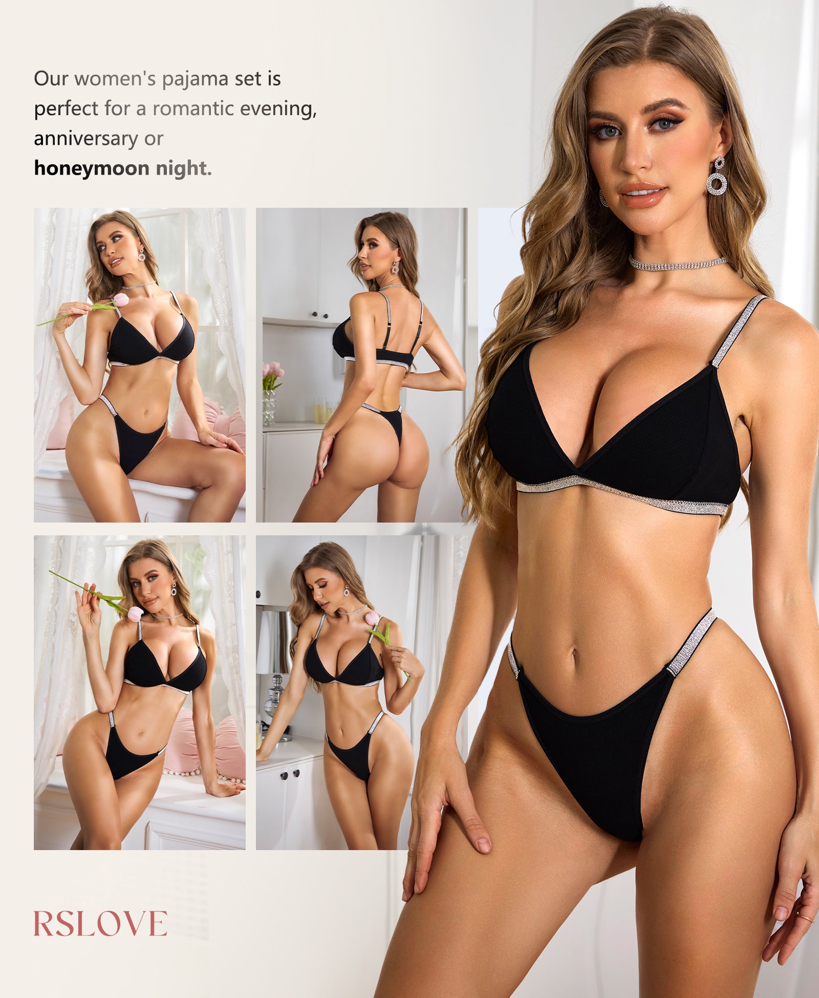 RSLOVE Garter Belt 3 Piece completo lingerie con reggiseno push-up nero