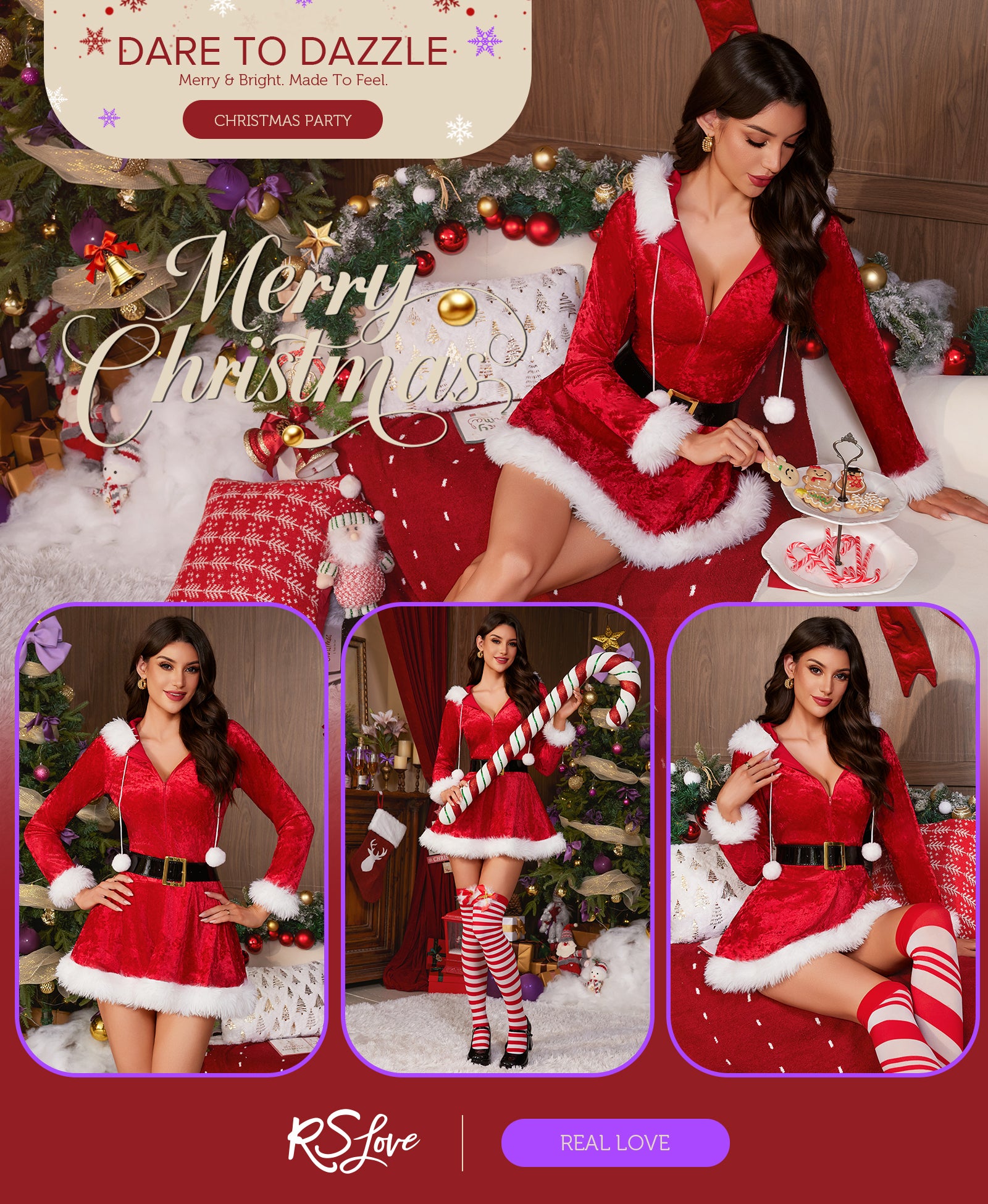 RSLOVE Costumes mini abito natalizio con cappuccio rosso