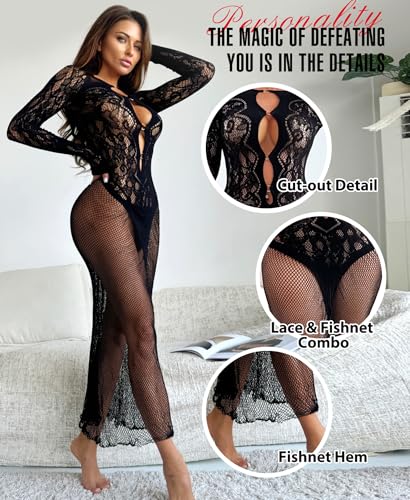 RSLOVE Babydoll vestaglia lunga nero taglia unica in pizzo