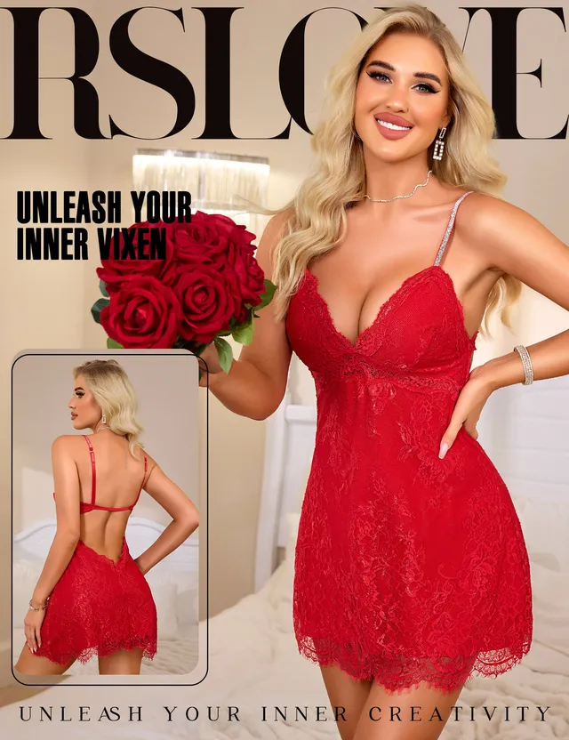 RSLOVE Babydoll camicia da notte in pizzo scollo V nero