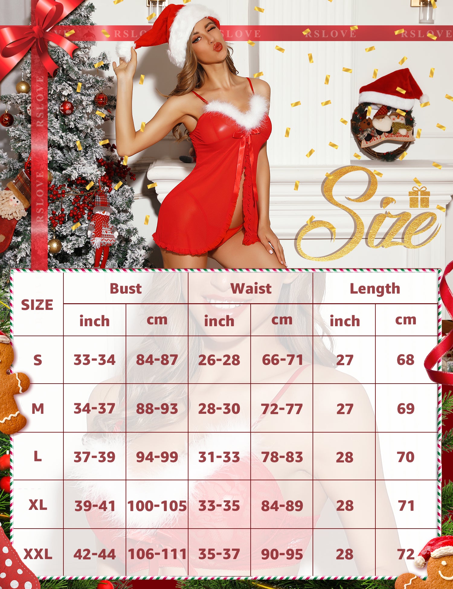 RSLOVE Costumes Santa Christmas Babydoll rosso XXL con perizoma