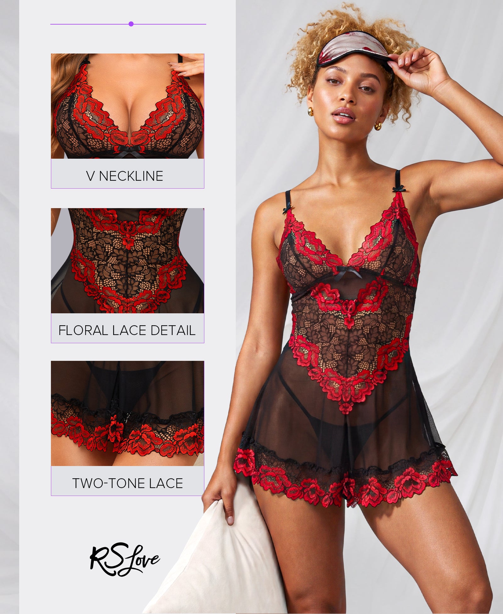 RSLOVE Babydoll Embroidered Lace Babydoll babydoll rosso con perizoma