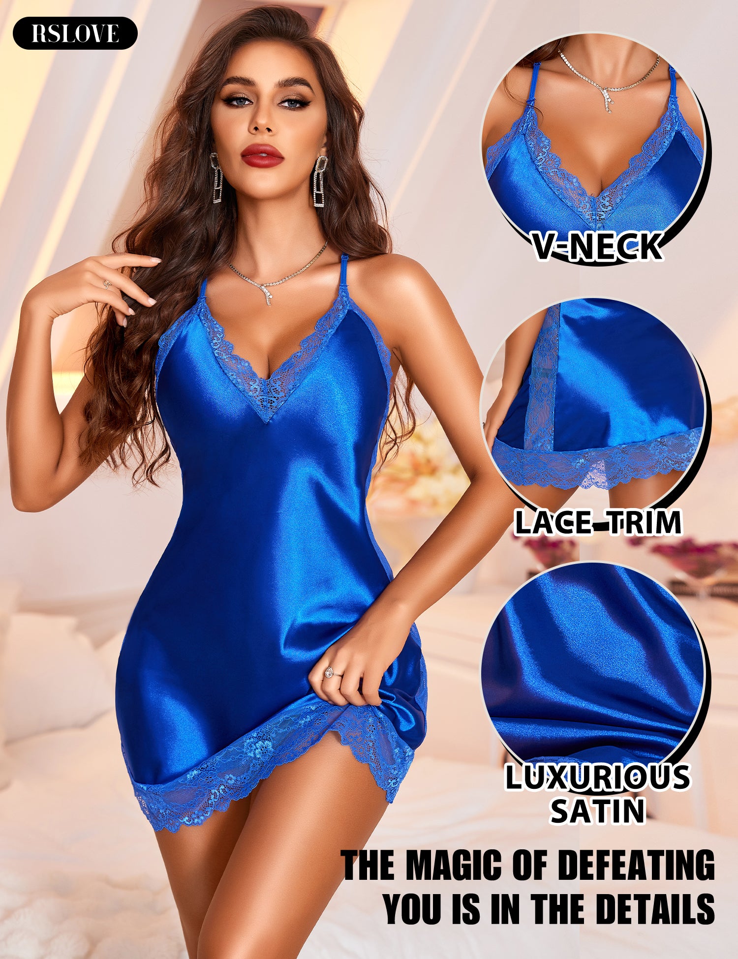 RSLOVE Nightgowns camicia da notte in raso con pizzo, nero, taglia S