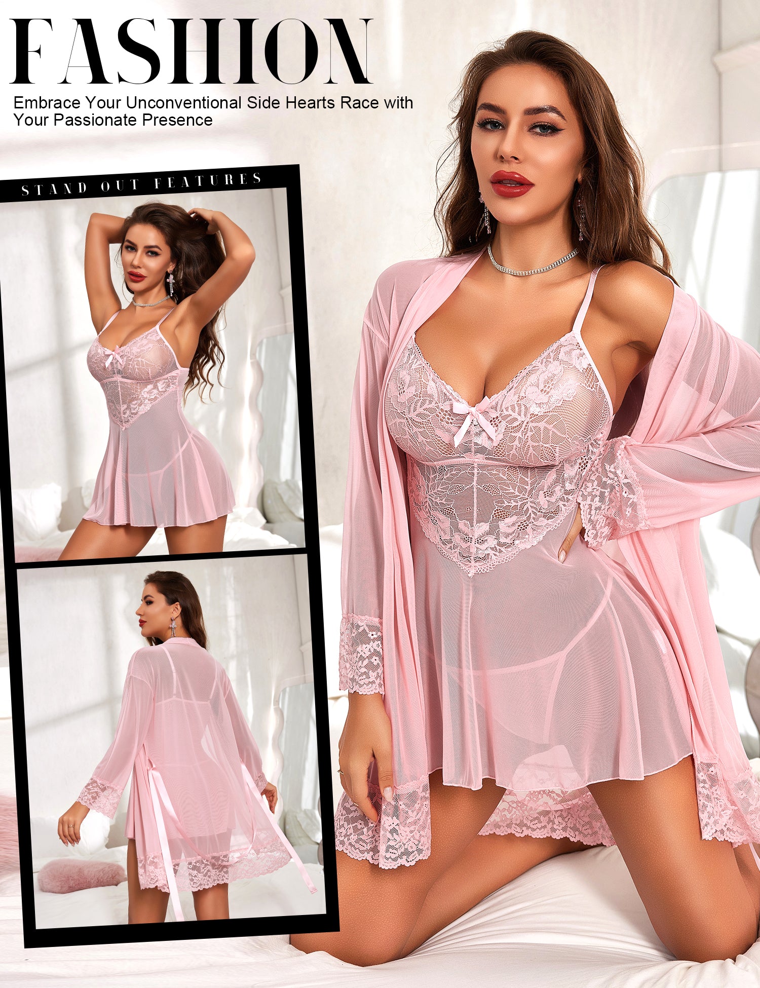 RSLOVE Robe completo lingerie 3 pezzi in mesh e pizzo