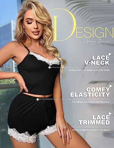 RSLOVE Pajama Set Lace Trim Cami & Shorts Pigiama corto nero con pizzo
