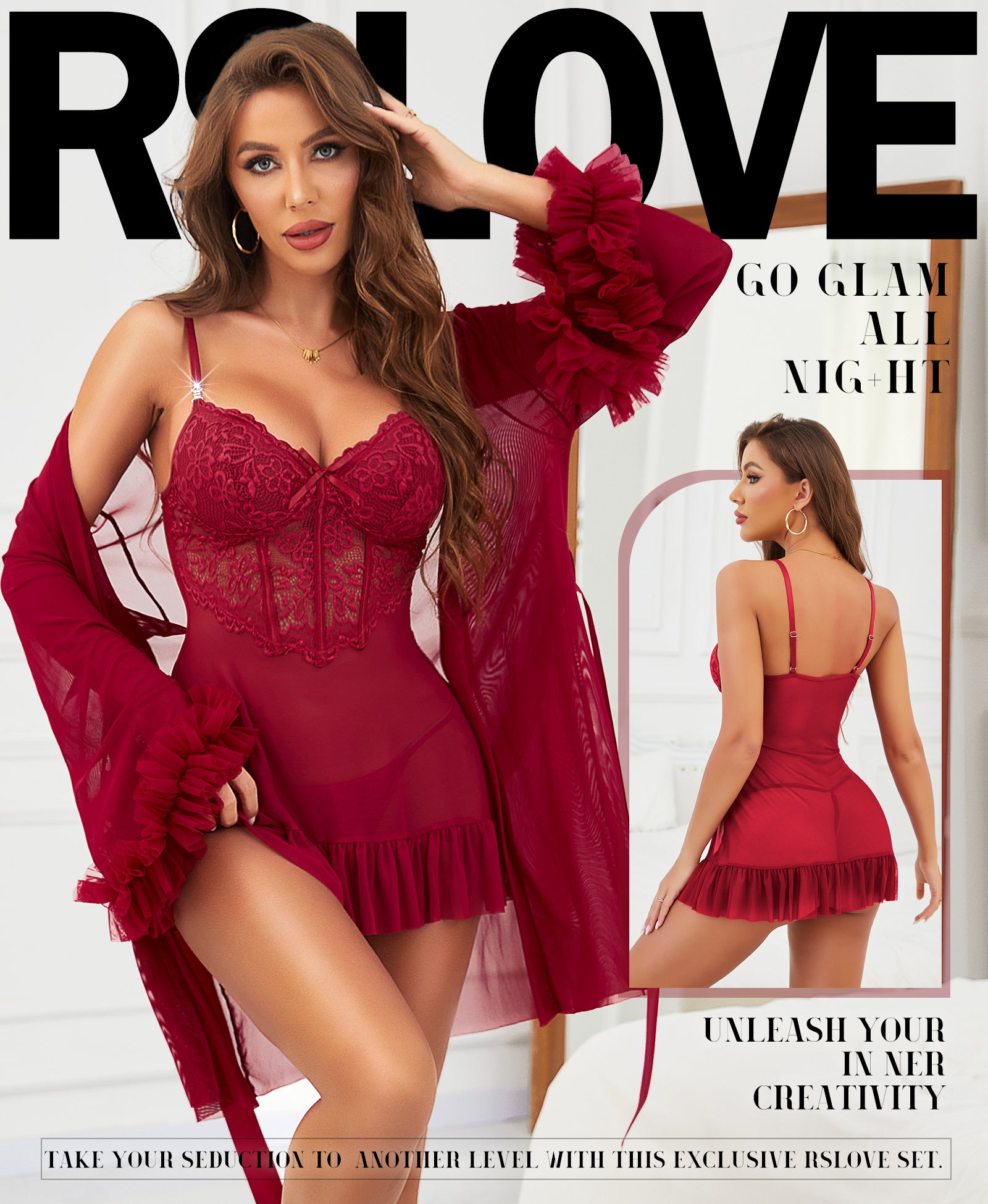 RSLOVE Robe set babydoll e vestaglia in tulle XL nero con spalline regolabili