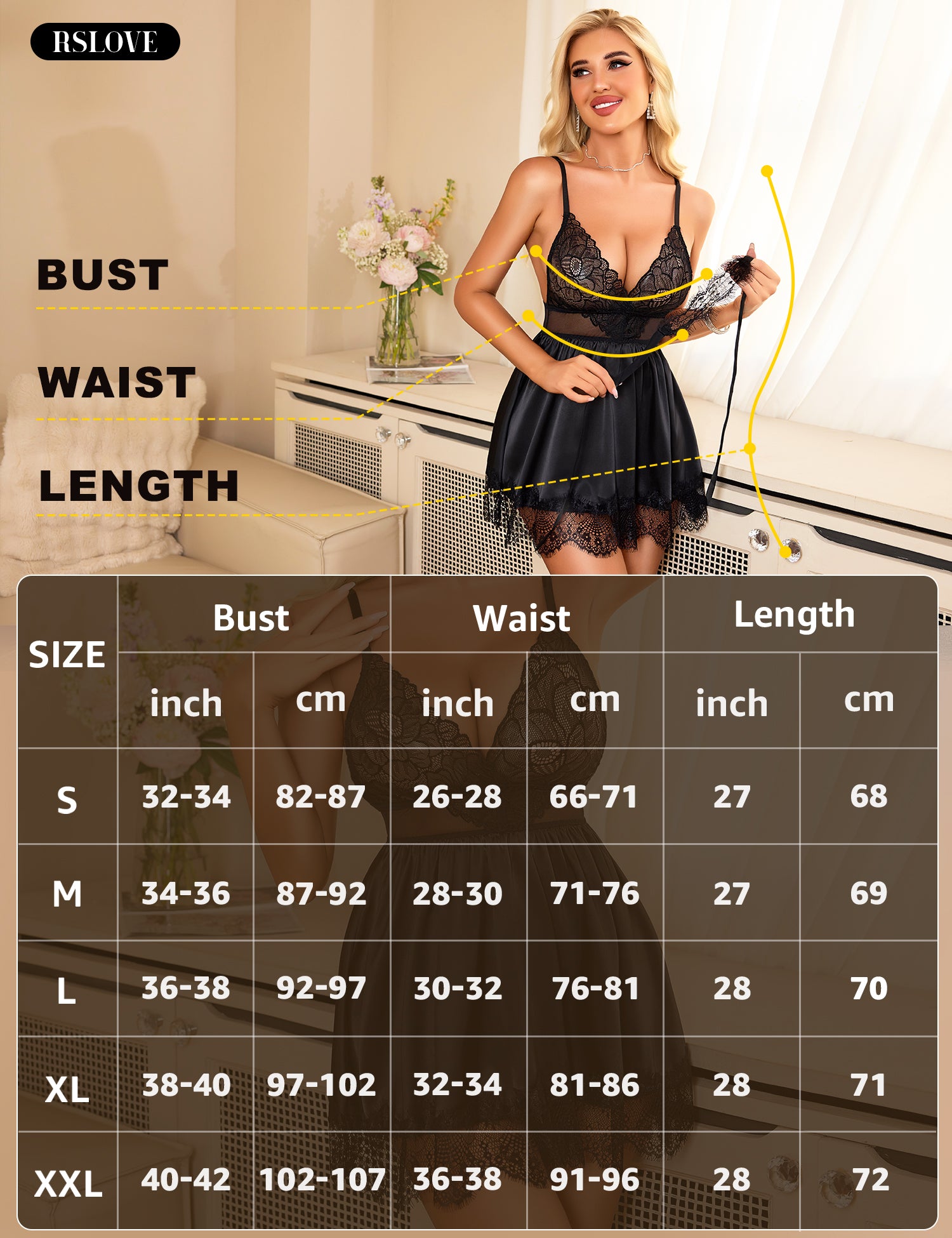 RSLOVE Lingerie Set 3 Piece Satin Lace Babydoll Chemise with Mask babydoll nero 3 pezzi