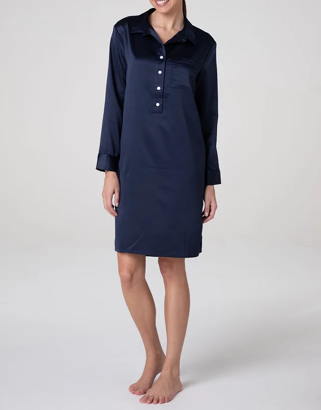 Lovable Basic Soul Camicia da Notte Serafino in Satin blu navy manica lunga