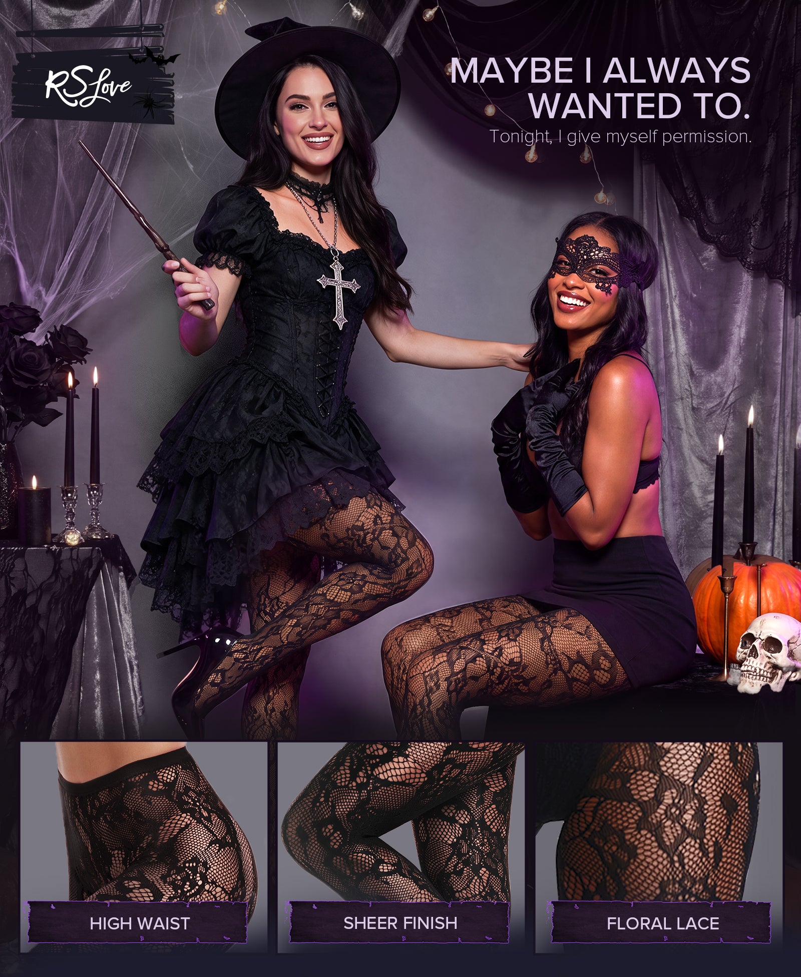 RSLOVE Patterned tights Floral Fishnet Lace Tights collant nero