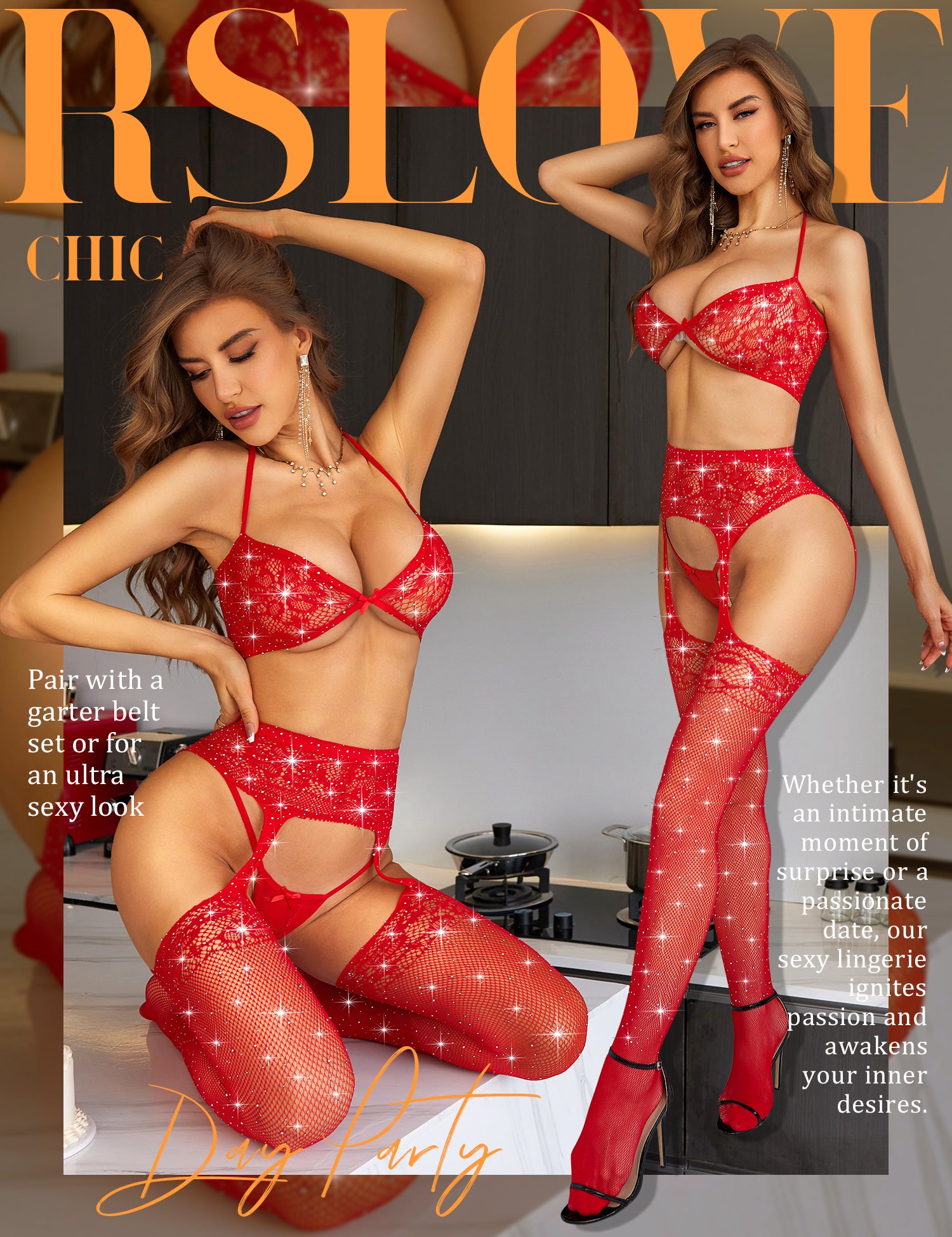 RSLOVE Garter Belt 3 Piece completo lingerie a rete nero taglia unica