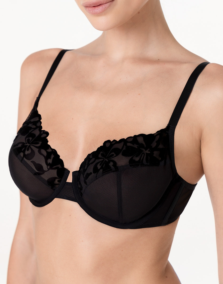 Lovable Garden Flowers Lace Velvet Embroidery reggiseno con ferretto nero in tulle e velluto