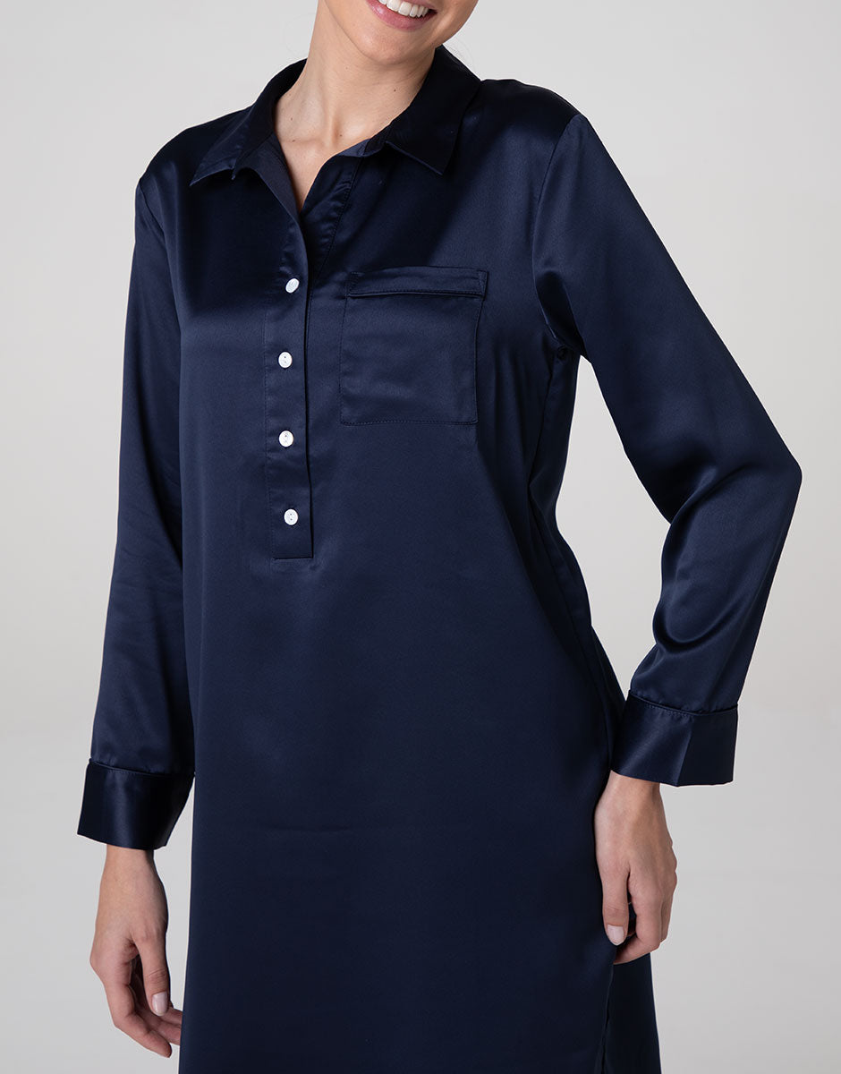 Lovable Basic Soul Camicia da Notte Serafino in Satin blu navy manica lunga