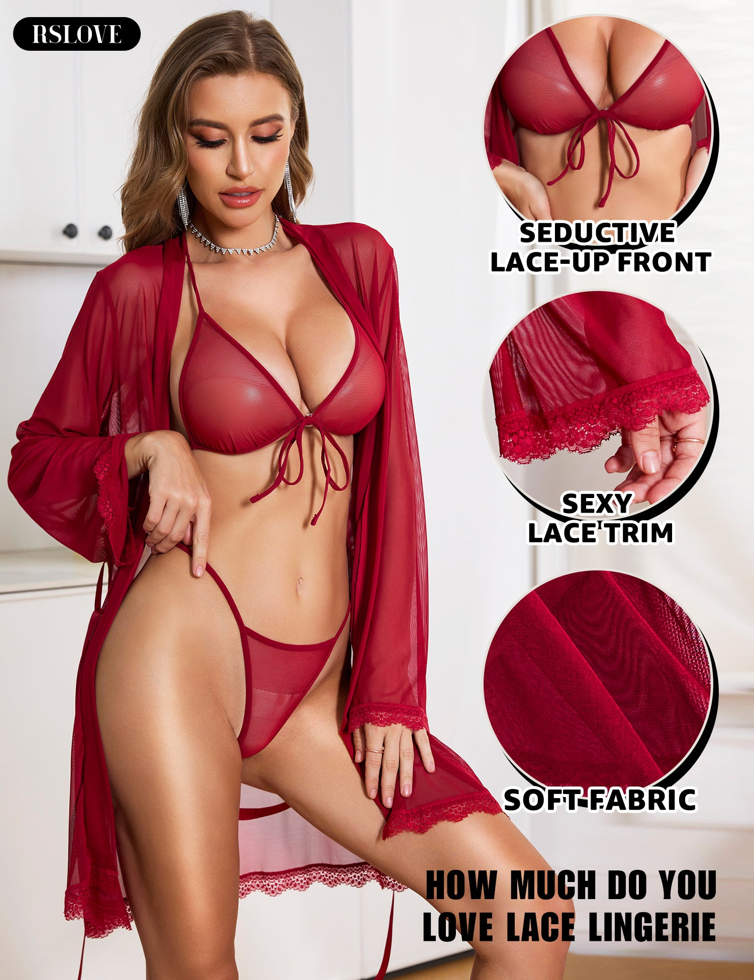 RSLOVE Robe set lingerie 3 pezzi Leopard, coppe assortite