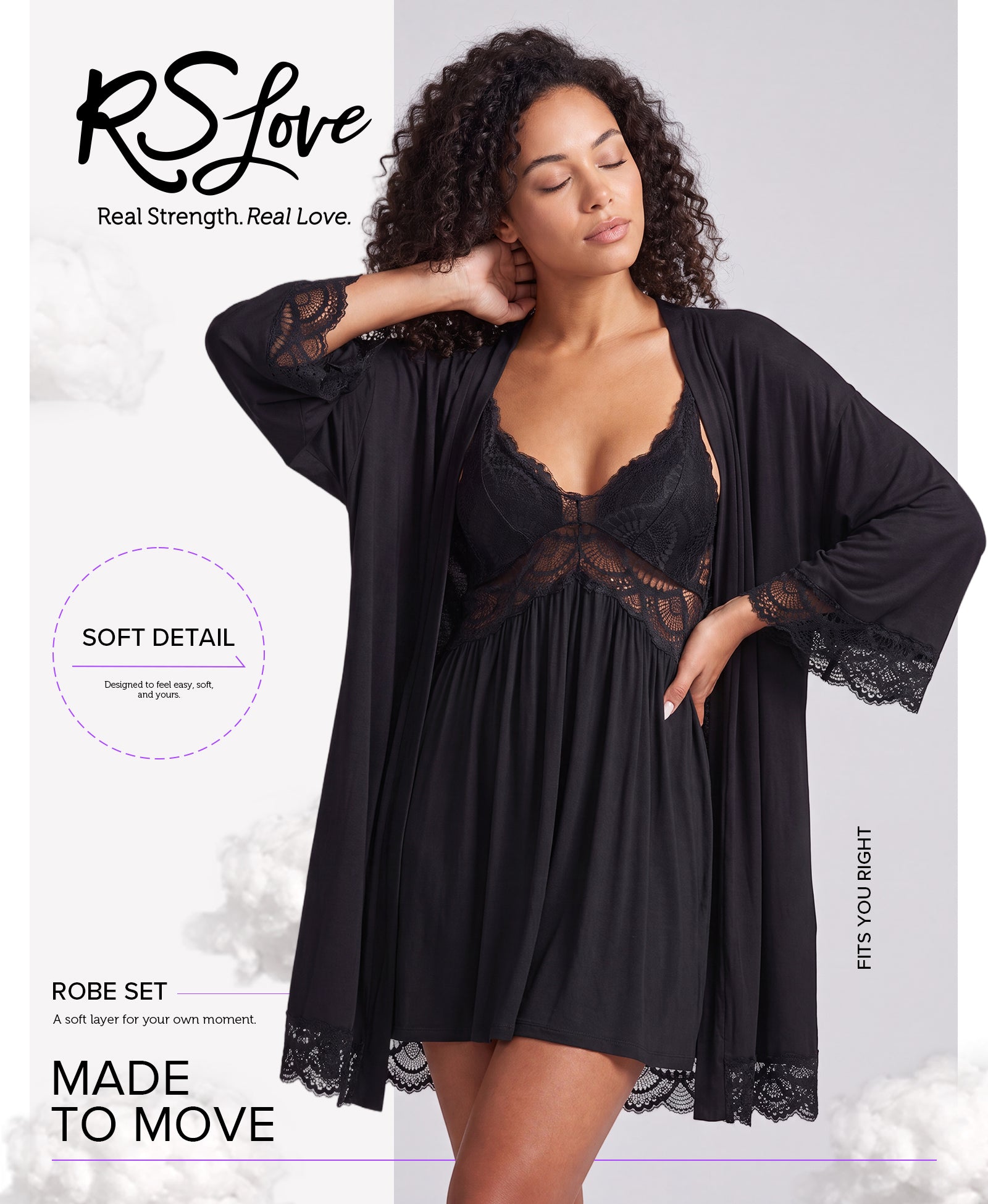 RSLOVE Robe completo vestaglia e sottoveste in modal nero 2 pezzi