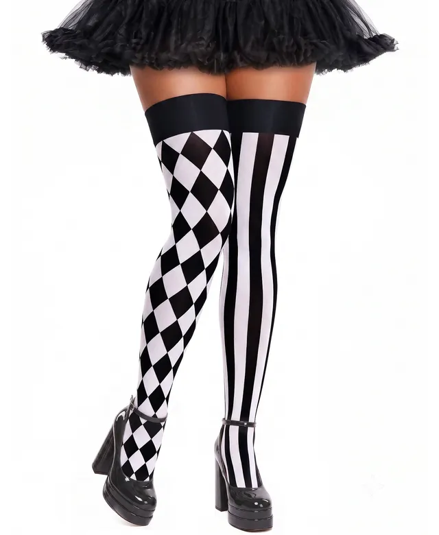 RSLOVE Thigh High Asymmetric Striped Harlequin calze bianche e nere