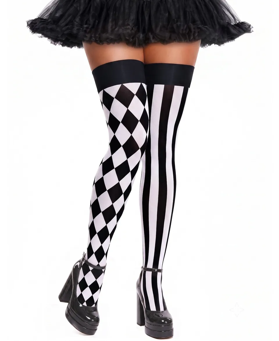 RSLOVE Thigh High Asymmetric Striped Harlequin calze bianche e nere