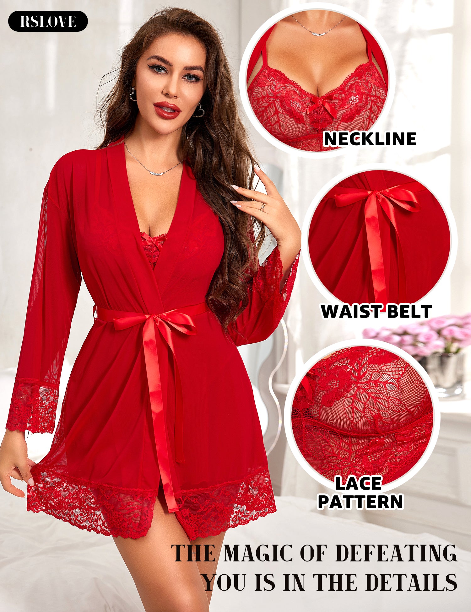 RSLOVE Robe completo lingerie 3 pezzi in mesh e pizzo