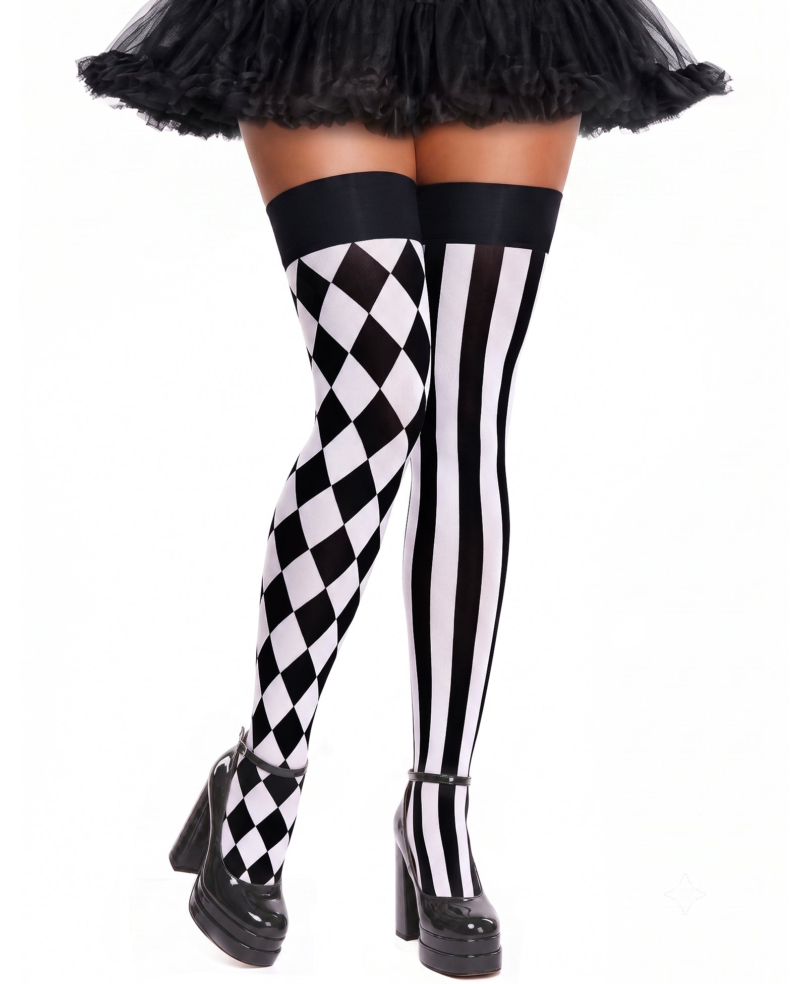 RSLOVE Thigh High Asymmetric Striped Harlequin calze bianche e nere