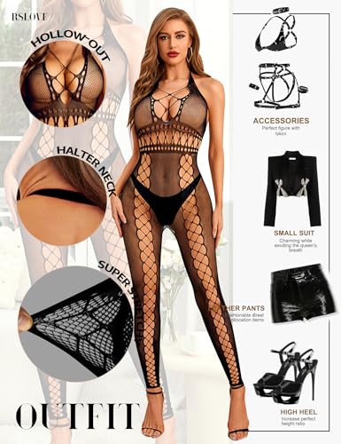 RSLOVE Bodystocking Geometric Fishnet Deep V Backless Bodystocking body nero taglia unica