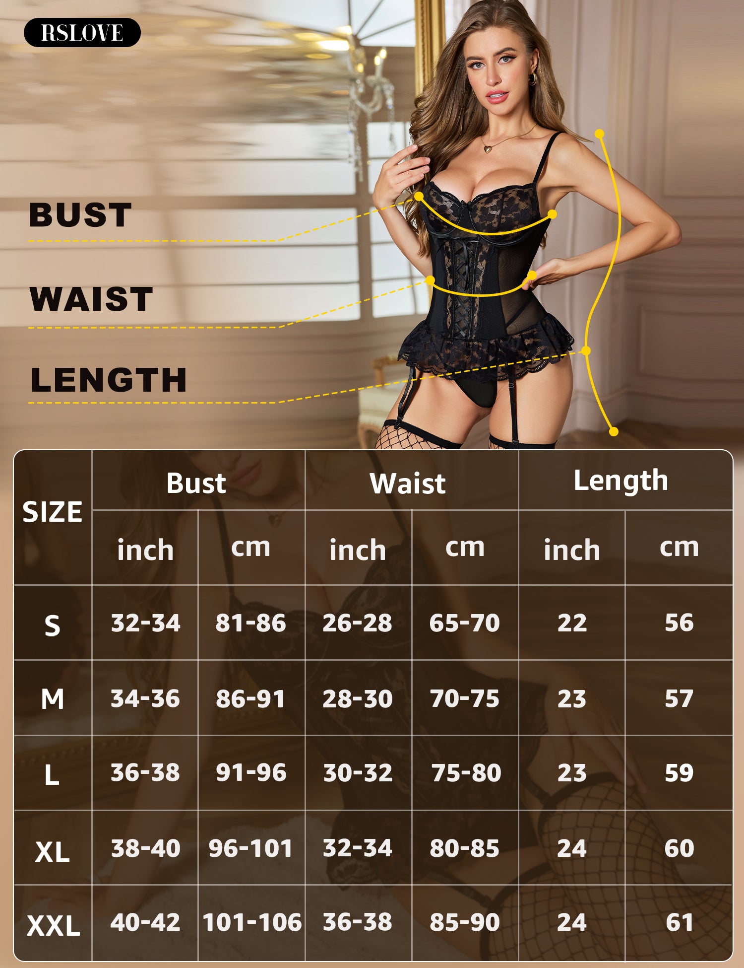 RSLOVE Teddy body corsetto nero in pizzo con reggicalze S