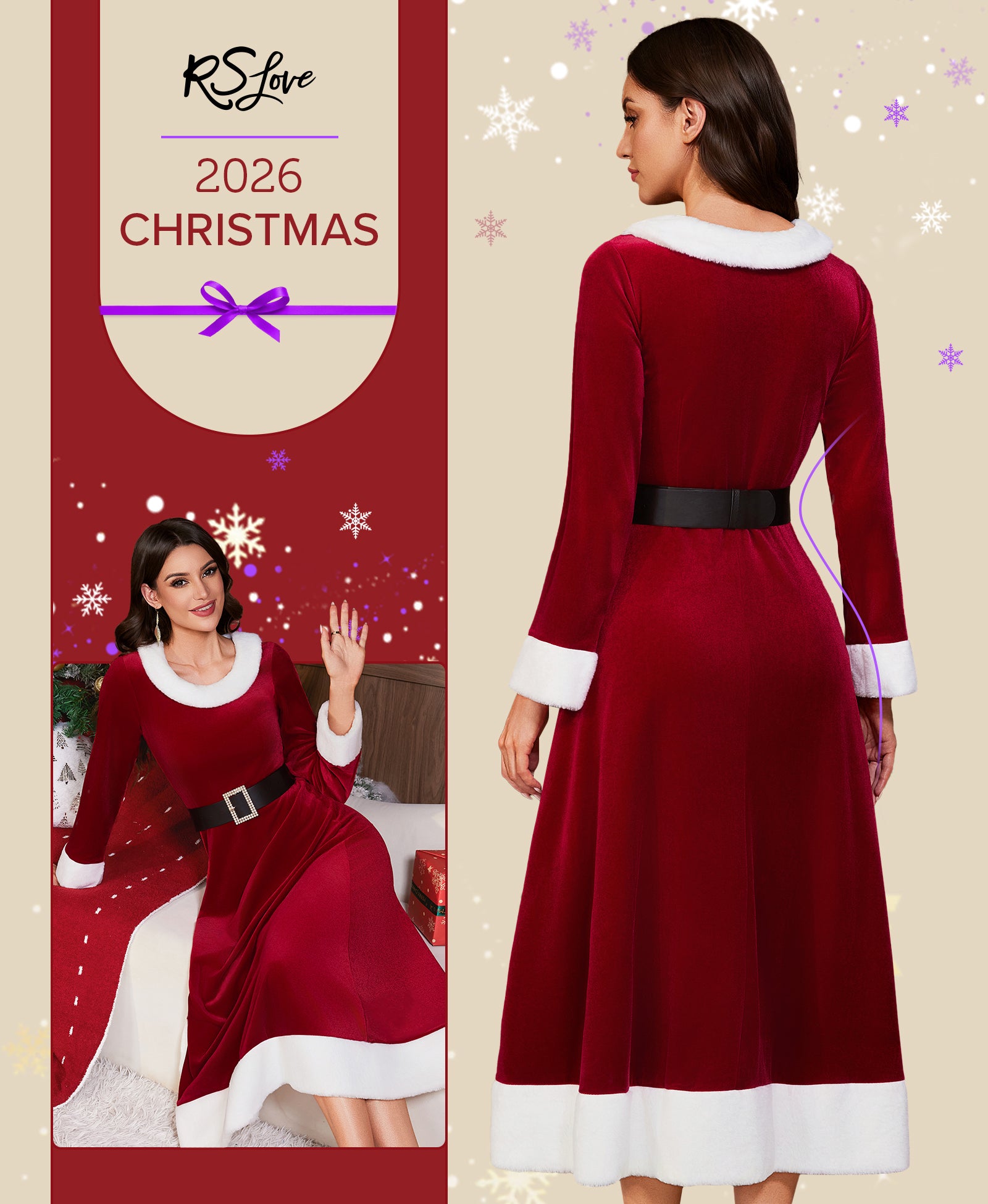 RSLOVE Costumes Mrs Claus Christmas Santa Dress vestito rosso con cintura
