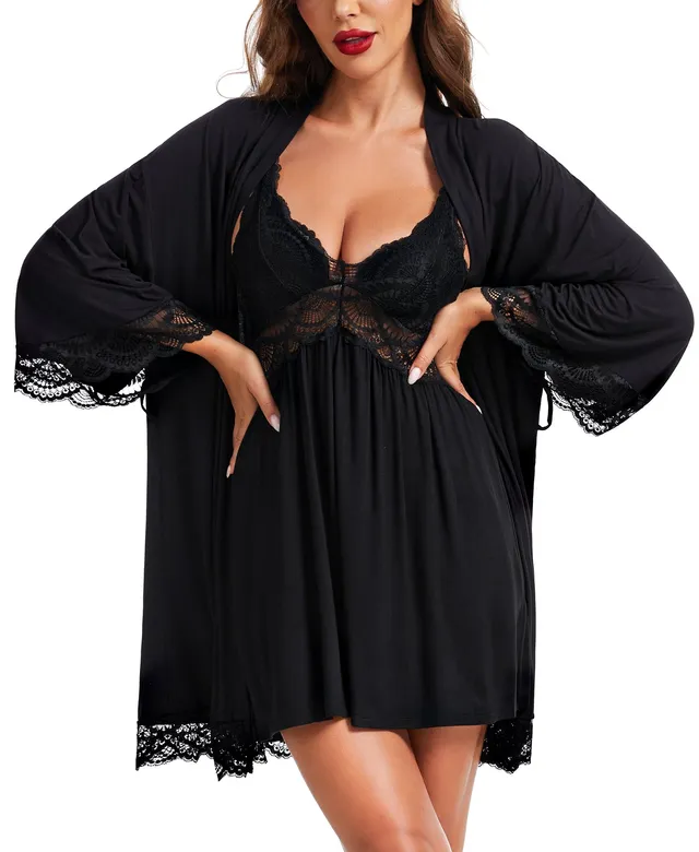 RSLOVE Robe completo vestaglia e sottoveste in modal nero 2 pezzi