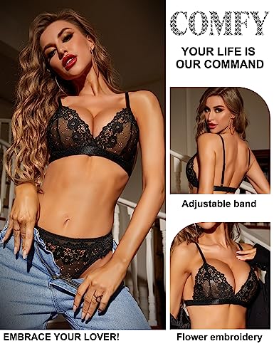 RSLOVE Bra & Panty Sets Floral Lace Demi Cup Bra & Thong completo intimo nero