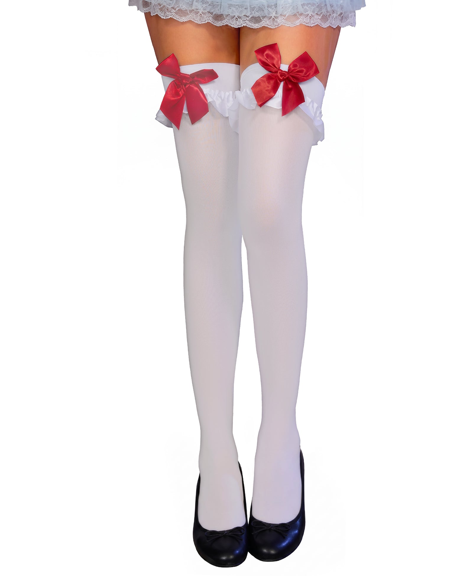 RSLOVE Thigh High Bow Ruffle Trim Opaque calze autoreggenti bianche e nere con fiocco